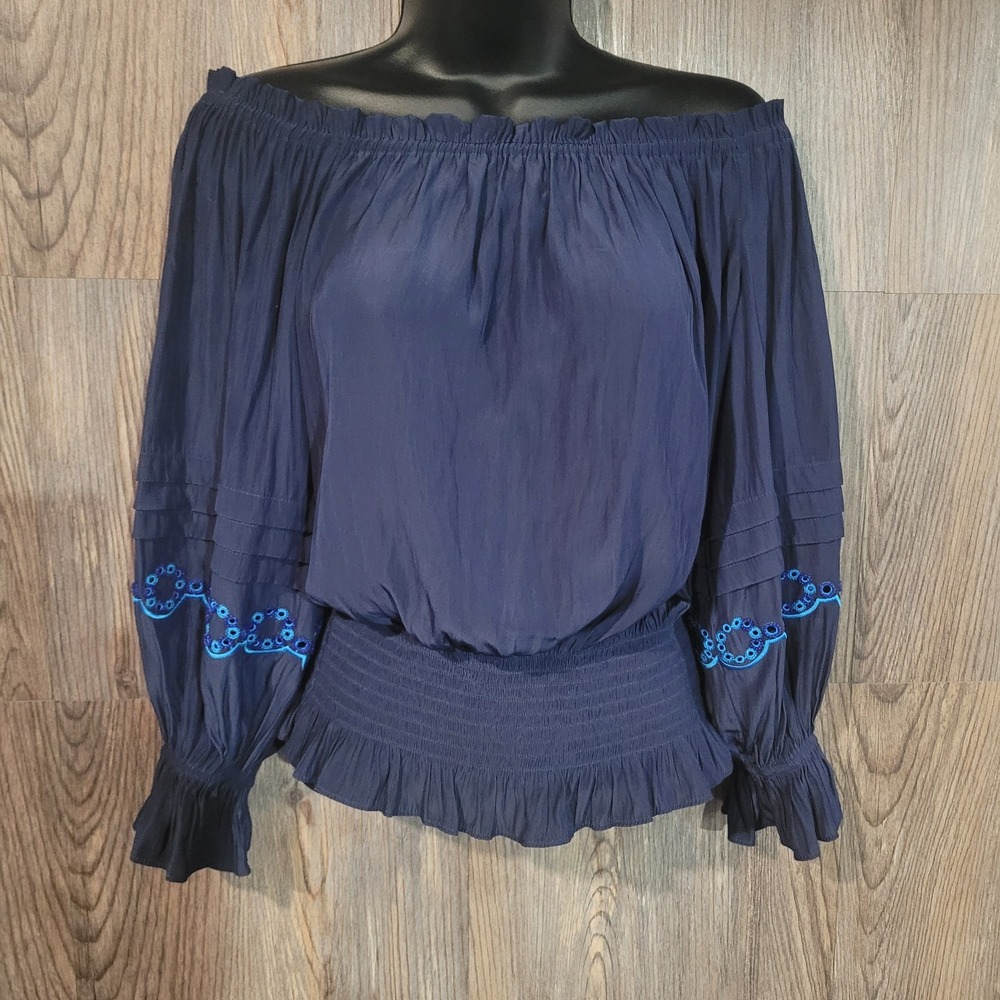 Ramy Brook Clara Off the Shoulder Blouse Sz M Ruffle Smocked Beaded Eyelet Boho